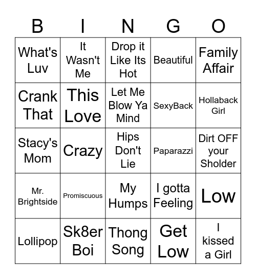 2000s Hits Bingo Card
