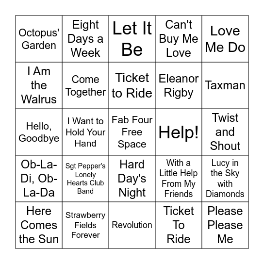 Beatles Bingo Card