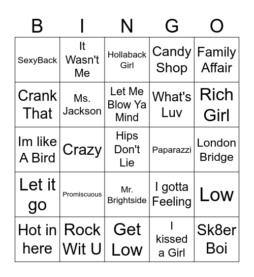 2000s Hits Bingo Card