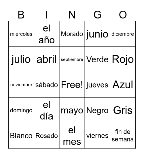 Los Colores, Los Días y Los Meses Bingo Card