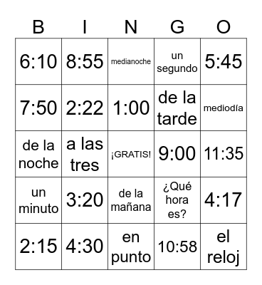 SPANISH BINGO ABOUT TIME Bingo Card