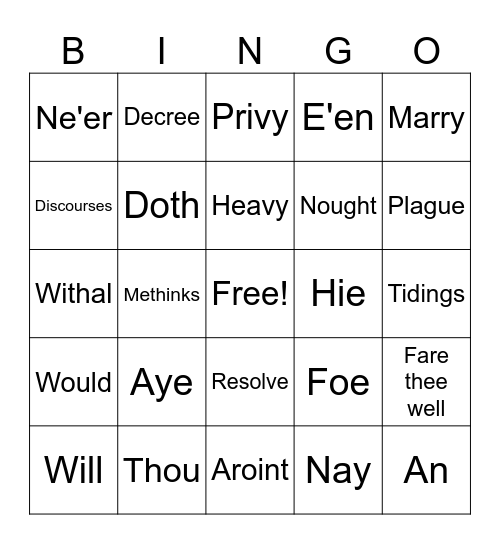 Elizabethan Terms Bingo Card
