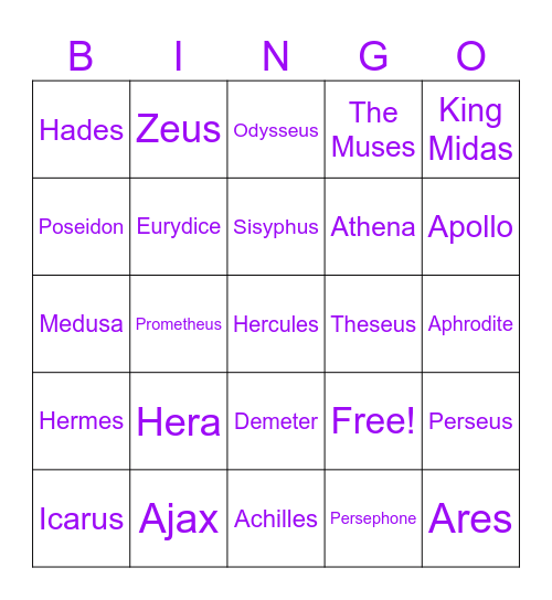 Greek Mythology Bingo Card