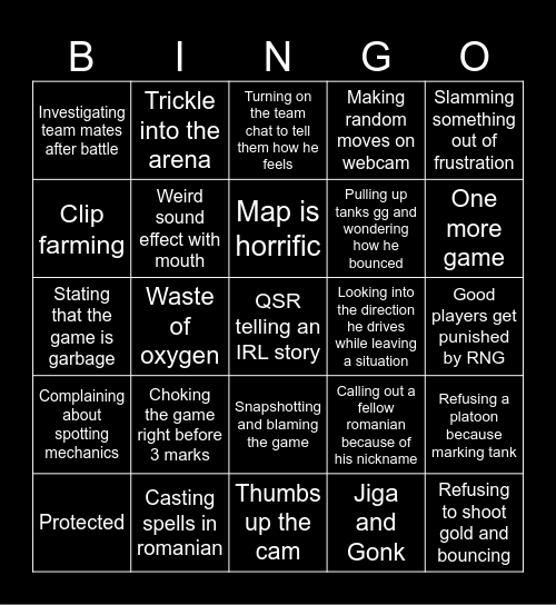 QSR stream bingo Card
