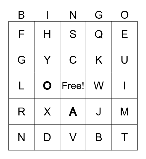Upper Case Letters Bingo Card