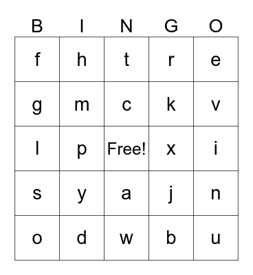 Lower Case Letters Bingo Card