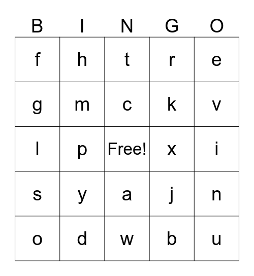 Lower Case Letters Bingo Card