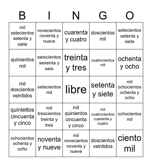 Los Números Escritos Bingo Card