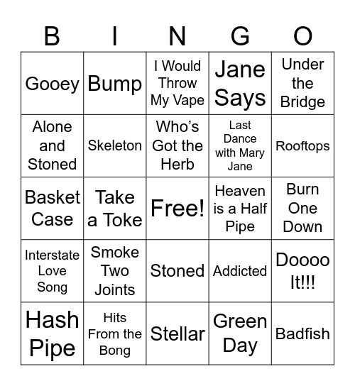 Alternative THC Songs Bingo Card