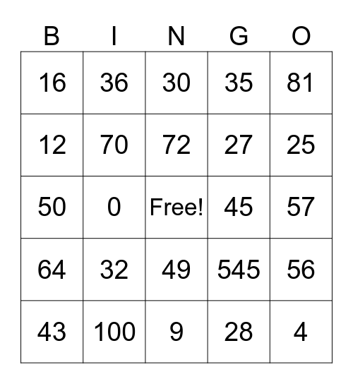 Multiplication Bingo Card