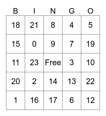 Numbers 1-20 Bingo Card