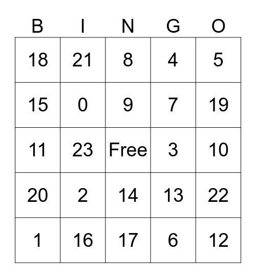 Numbers 1-20 Bingo Card