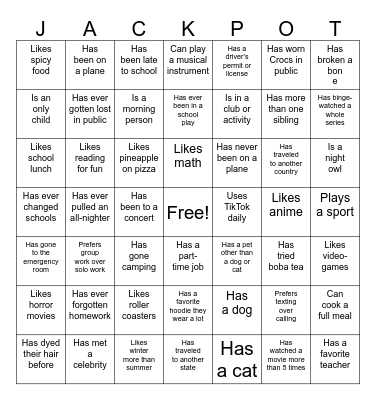 Generic Bingo for Sophomore Grade Bonding Bingo Card