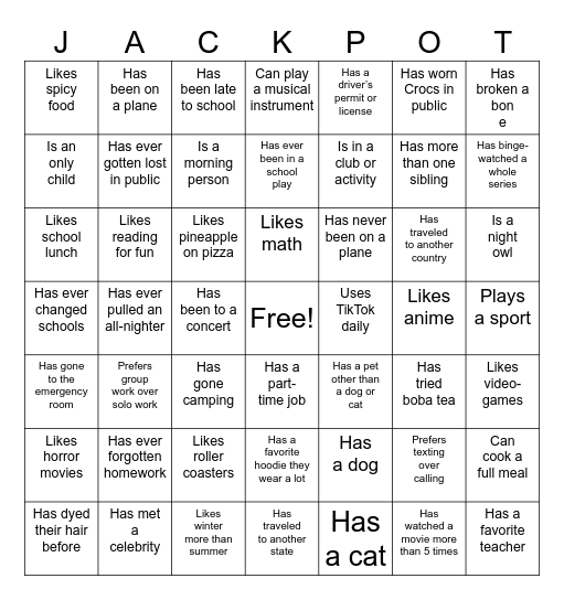 Generic Bingo for Sophomore Grade Bonding Bingo Card