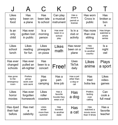 Generic Bingo for Sophomore Grade Bonding Bingo Card