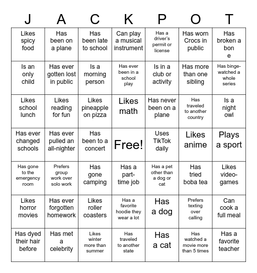 Generic Bingo for Sophomore Grade Bonding Bingo Card