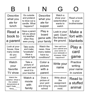 Winter Fun Bingo Card