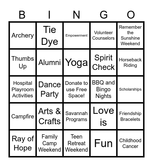 Camp Sunshine Bingo Card