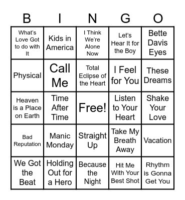 Ladies of the 80's Bingo Card