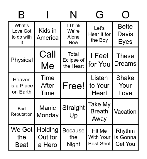 Ladies of the 80's Bingo Card