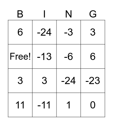 Addition with Negative Number Bingo Card