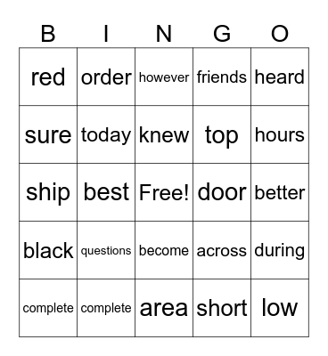Frequent Words Bingo Card