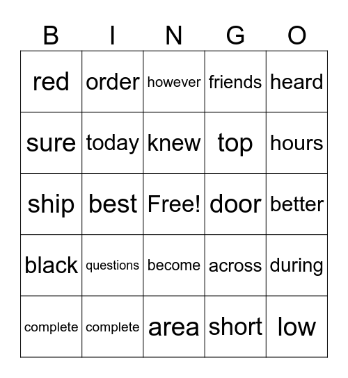 Frequent Words Bingo Card