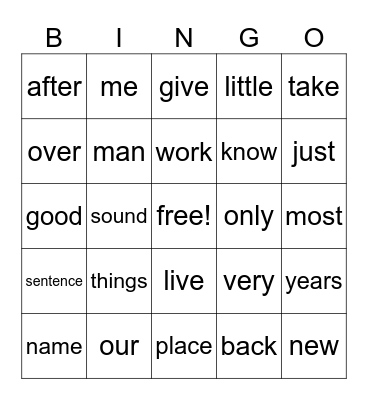 Sight Word Bingo Card