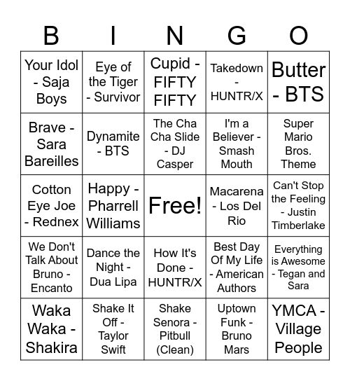 BHES Music Bingo Card
