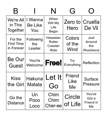 Disney Music Bingo Card