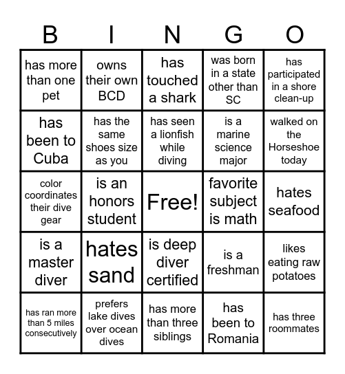 Gamecock Scuba Get-to-Know-You Bingo Card