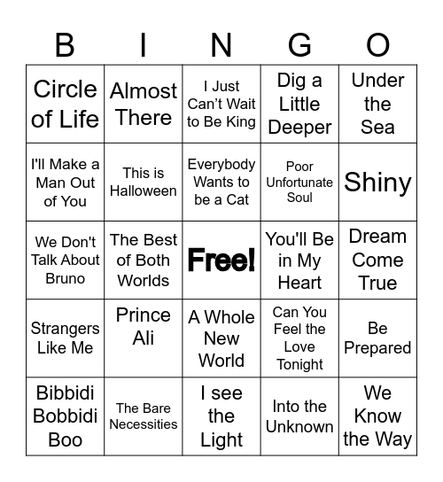 Disney Songs Bingo 2 Bingo Card
