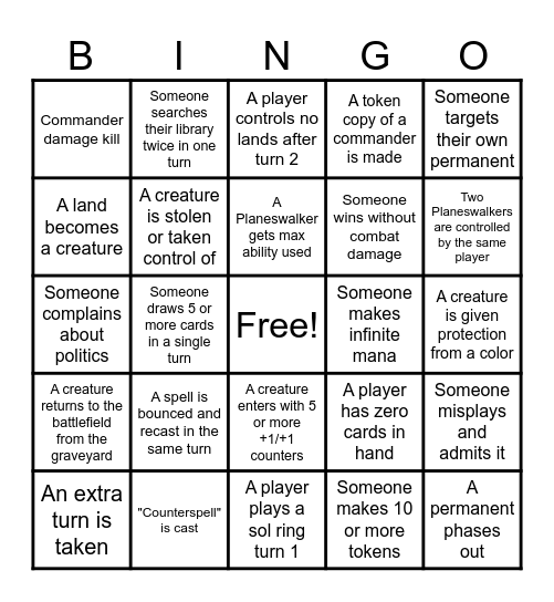Magic the Gathering Bingo Card