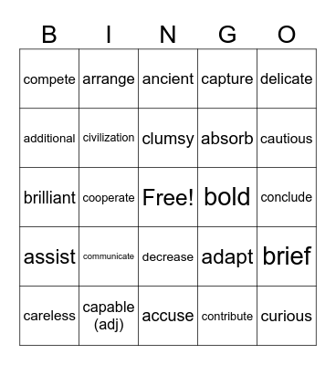 Vocabulary Bingo Card