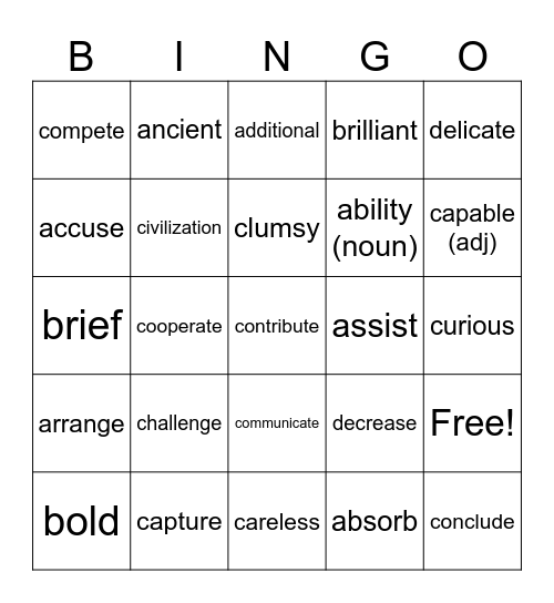 Vocabulary Bingo Card