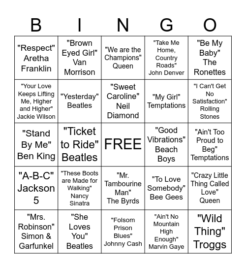 Musical Bingo Card