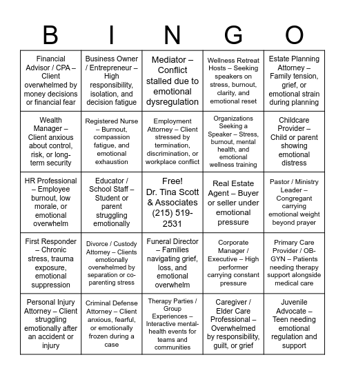 Ideal Referral for Dr. Tina Scott & Associates Bingo Card