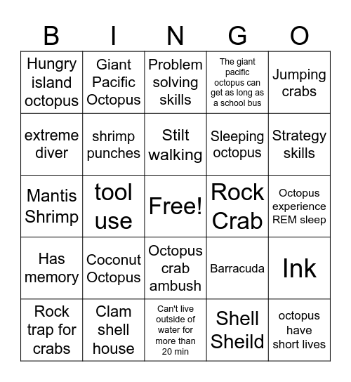 Octopus Bingo Card