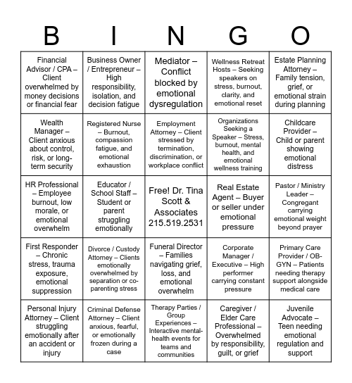 Ideal Referrals for Dr. Tina Scott & Associates Bingo Card
