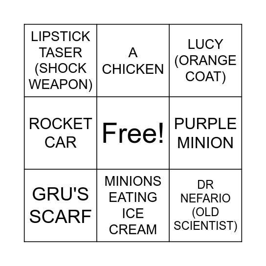 Despicable Me 2 Bingo Card