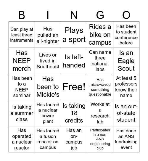 ANS Nuclear Bingo Card