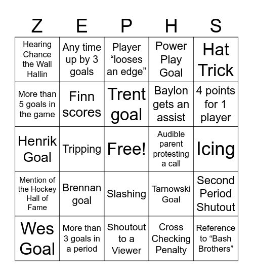 Hockey Game Bingo Card