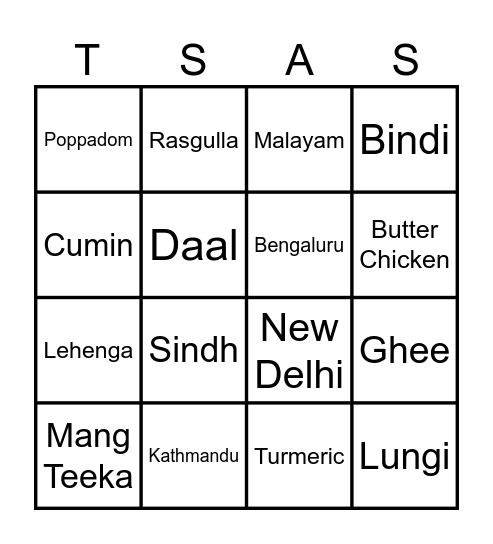 South Asian Bingo Card