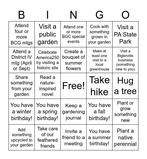 BIGLERVILLE GARDEN CLUB 2026 Bingo Card