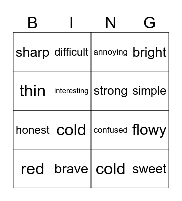 ADJECTIVES Bingo Card