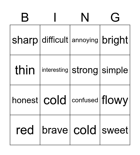 ADJECTIVES Bingo Card