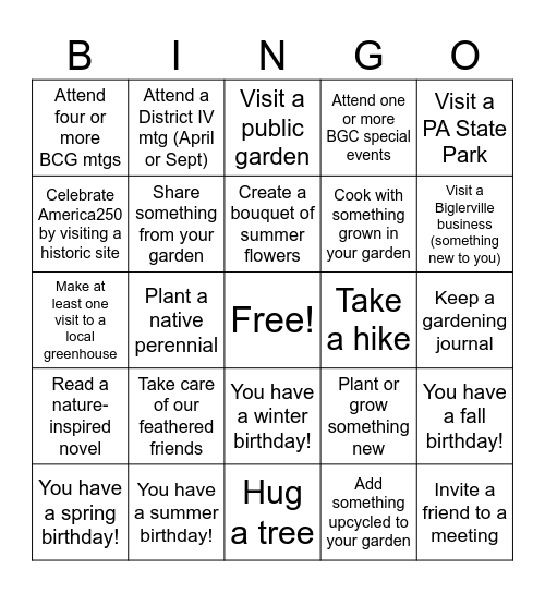 BIGLERVILLE GARDEN CLUB 2026 Bingo Card