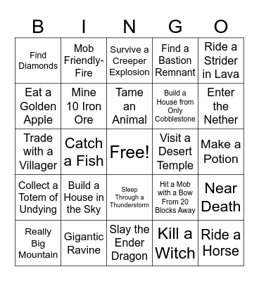 HARDCORE Minecraft Bingo Card