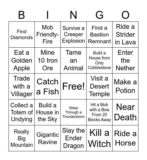 HARDCORE Minecraft Bingo Card