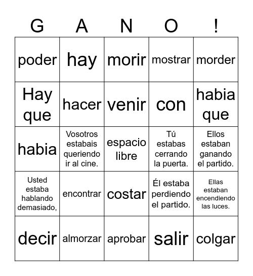 Spanish 2 - Chapter 5 Bingo Card